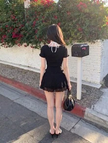 SHEIN MOD Women's Casual Drawstring Waist Bowknot Ruffle Lace Fabric Double Layer Skirt, Suitable For Daily Wear Chic Dress - Black - View 9