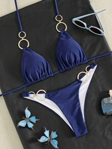 Swim SXY Vacation Beach Solid Color Two-Piece Swimsuit Set - Navy Blue - View 4