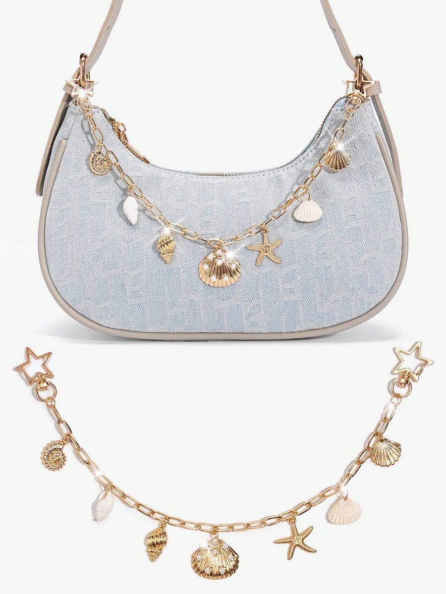 Viva Strut 1Pc Seashell Ornament For A Holiday-Style Starfish Shell Chain Bag, Marine Tail Conch Beach Keychain, Suitable For Matching With A Small Square Bag When Out On Vacation. - Gold - View 1