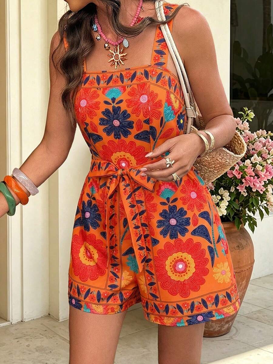 Flora Isola Flora Isola Women's Spring/Summer Short Positioned Print Vacation Jumpsuit - Orange - View 1