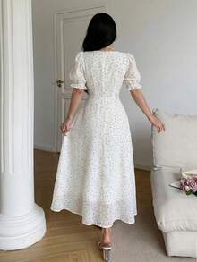 Feyla Women's Polka Dot Print Short Petal Sleeve Elegant Midi Dress - Pearl White - View 3