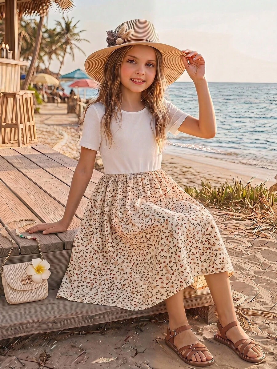 Emery Rose Kids Emery Rose Kids 少女夏季休閒可愛拼接碎花圓領短袖洋裝,海灘度假白色花卉 - 白色 - 查看 1