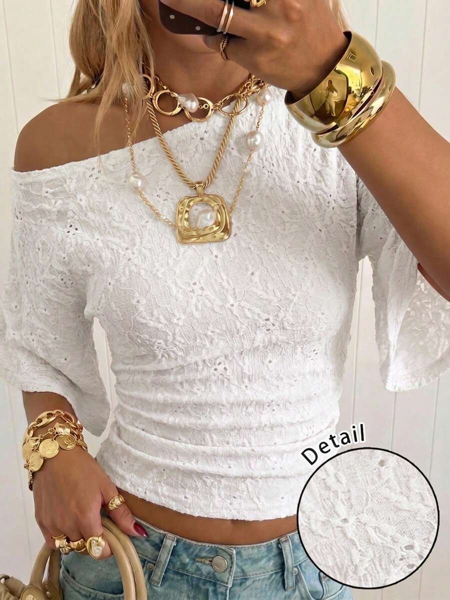 SHEIN EZwear 夏季多巴胺纹理针织蝙蝠袖短款T恤(女款),适合日常通勤、约会、聚会、秋冬季、圣诞节、新年、感恩节、派对、婚礼、海滩、毕业典礼等场合,时尚、优雅、休闲、外出、约会、预订、通勤、闪亮、情人节、优雅、度假、休闲、Y2K、外出、毕业典礼 - 白色 - 查看 1