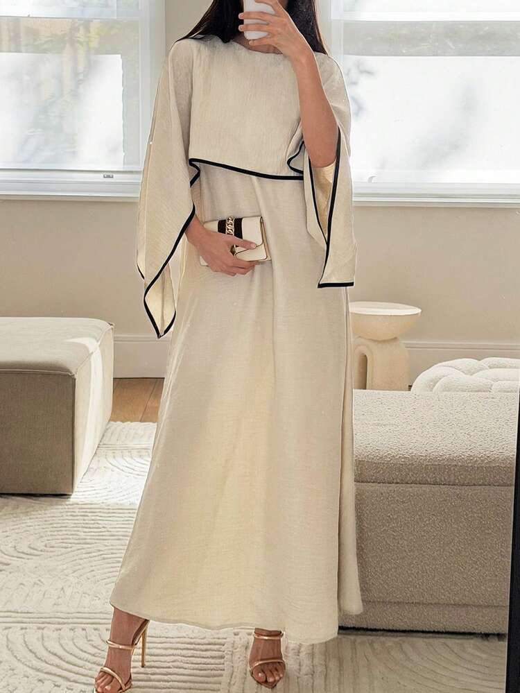 Al Najma 女款不對稱設計優雅端莊休閒阿拉伯風洋裝 正式黑色冬季 - 杏色 - 查看 9