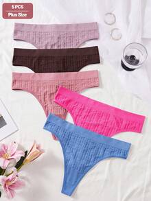 SHEIN 5 piezas Bragas tipo tanga sexys de punto acanalado sin costuras cómodas y básicas de color liso para mujer talla grande - Multicolor - Ver 2
