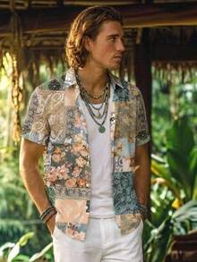Alderstead Vacation Bohemian Style Floral & Cashew Flower Pattern Color Block Patchwork Fashionable Casual All-Over Print Men's Standard Fit Short Sleeve Polo Shirt - Multicolor - View 1