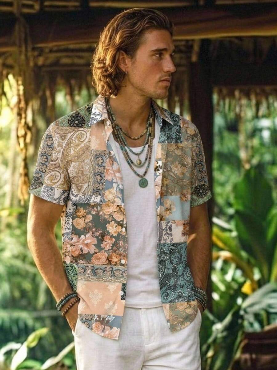Alderstead Vacation Bohemian Style Floral & Cashew Flower Pattern Color Block Patchwork Fashionable Casual All-Over Print Men's Standard Fit Short Sleeve Polo Shirt - Multicolor - View 1