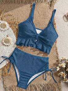 Swim Vcay Women's Beach Vacation Solid Color Textured Fabric Sweet Ruffle Drawstring Ruched High Waist Tank Bikini - Blue - View 3