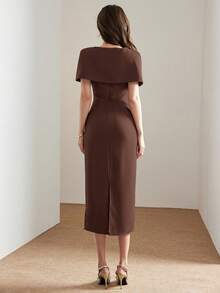 Heiryn Women's Metal Decor Shawl Design Slim Fit Elegant Long Dress Formal Dark Brown Summer - Coffee Brown - View 3