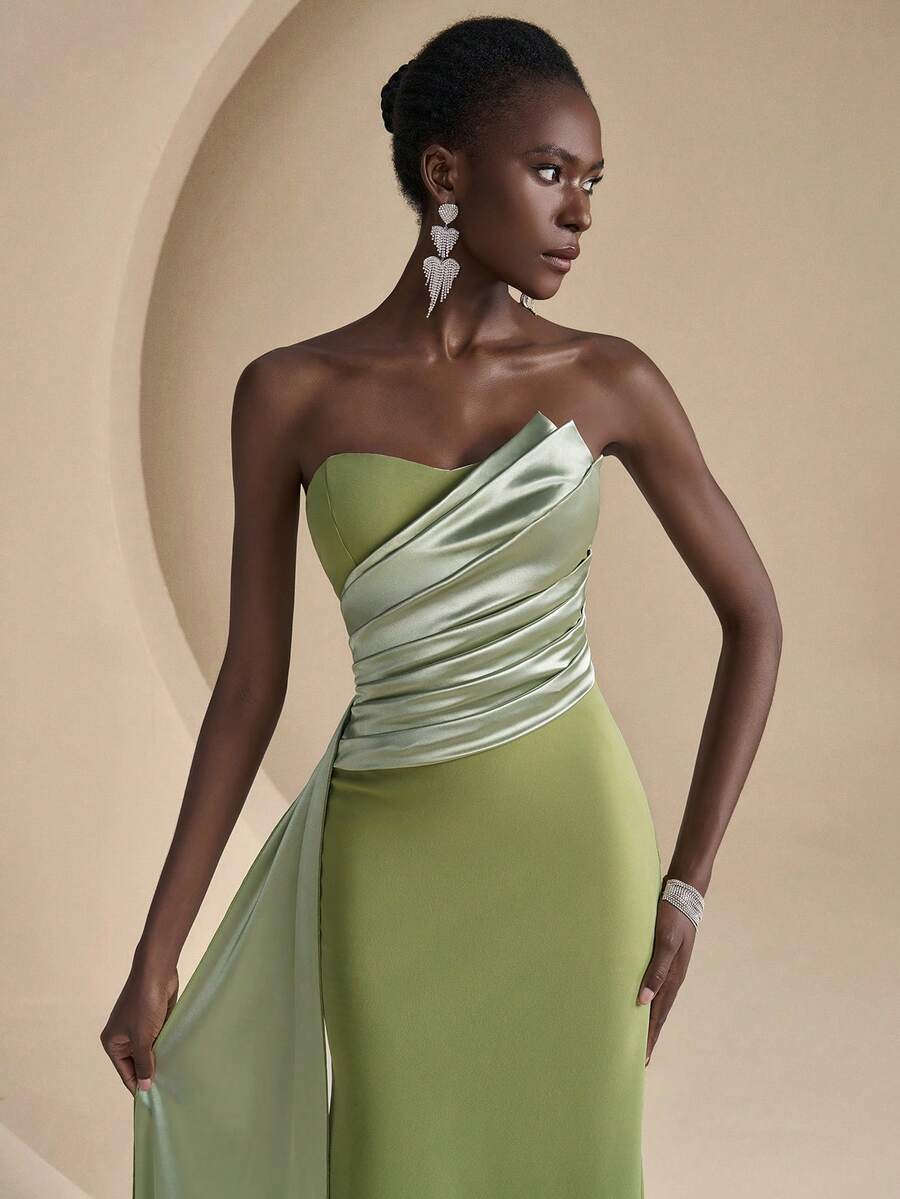 Coutiva Color Block Patchwork Strapless Mermaid Bridesmaid Dress - Matcha green - View 1