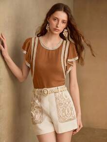 MOTF WOMEN'S SPRING/SUMMER PREMIUM CONTRAST TAPE TRIM FLUTTER SLEEVE ZIP BACK TOP - Rust Brown - View 6