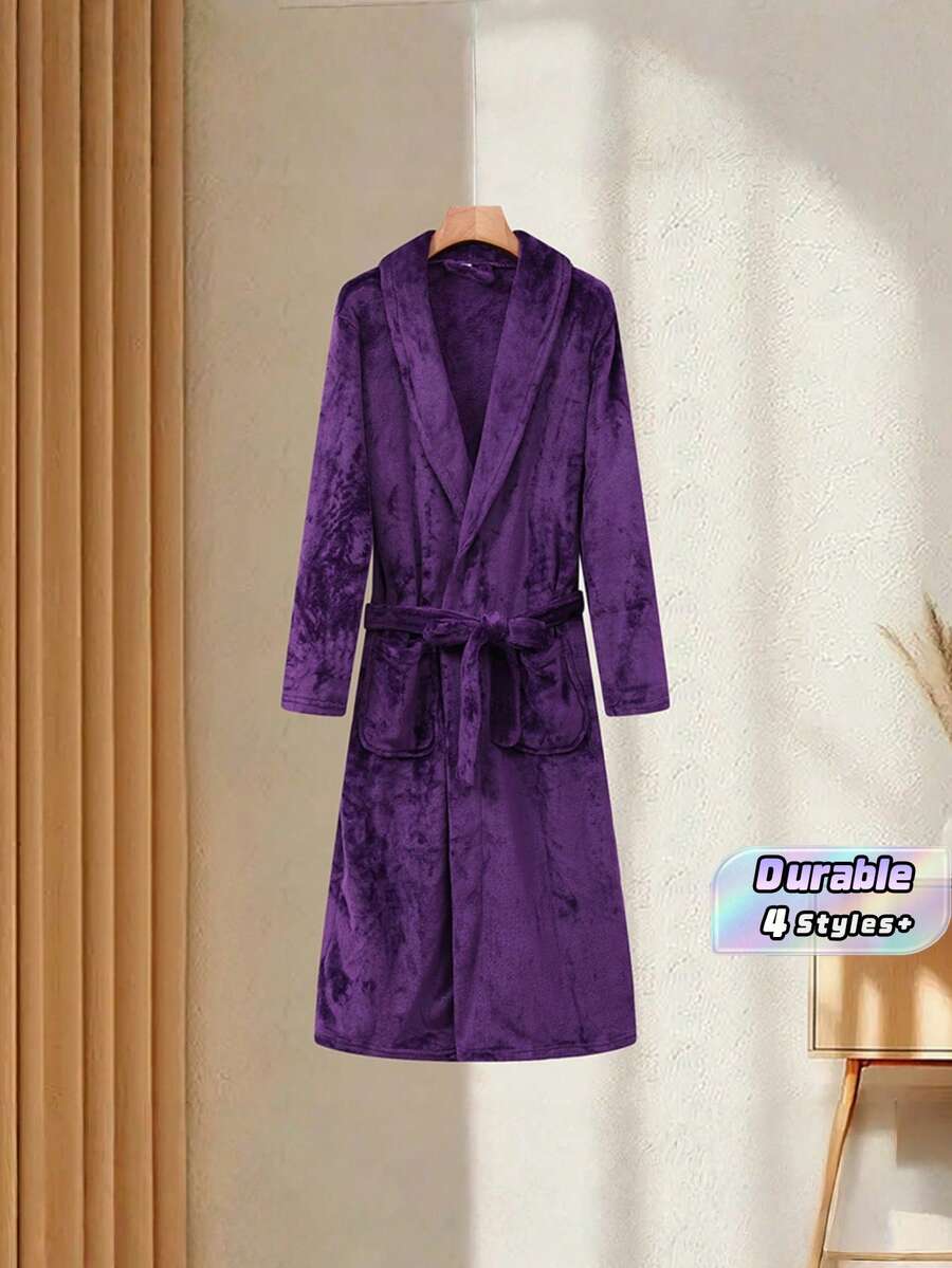 1pc Fashionable Thick Flannel Bathrobe With Pockets, Tie Waist Belt, Fold-Down Collar, Soft & Comfortable, Suitable For Plus Size Women Sleepwear & Loungewear - Dark Purple - View 1