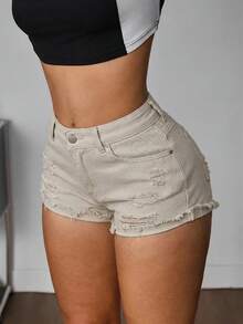 SHEIN PETITE 女款休閒百搭日常牛仔短褲，附口袋、鈕扣與破洞設計，適合嬌小女性 - 卡其色 - 查看 4