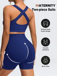 SHEIN Maternity Summer Breathable Solid Color Criss-Cross Back Sports Bra And Shorts Set - Navy Blue - View 2