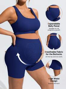 SHEIN Maternity Summer Breathable Solid Color Criss-Cross Back Sports Bra And Shorts Set - Navy Blue - View 3
