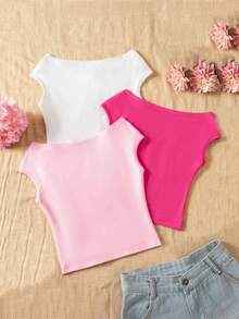 Sparklyn Set de 3 camisetas ajustadas de hombros descubiertos para niñas, estilo vacacional, multicolor - Multicolor - Ver 2