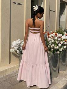 MainGRL Bohemian Tropical Soft Pink Strapless Dress, Spring/Summer Vacation - Baby Pink - View 8