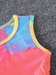 SHEIN Young Girl Fashionable Blue Summer Matching Family Vacation Pride Month Tie-Dye Dress,Sweet Pleated Design With 3D Bow,Cute School Party Outfit - Multicolor - View 7
