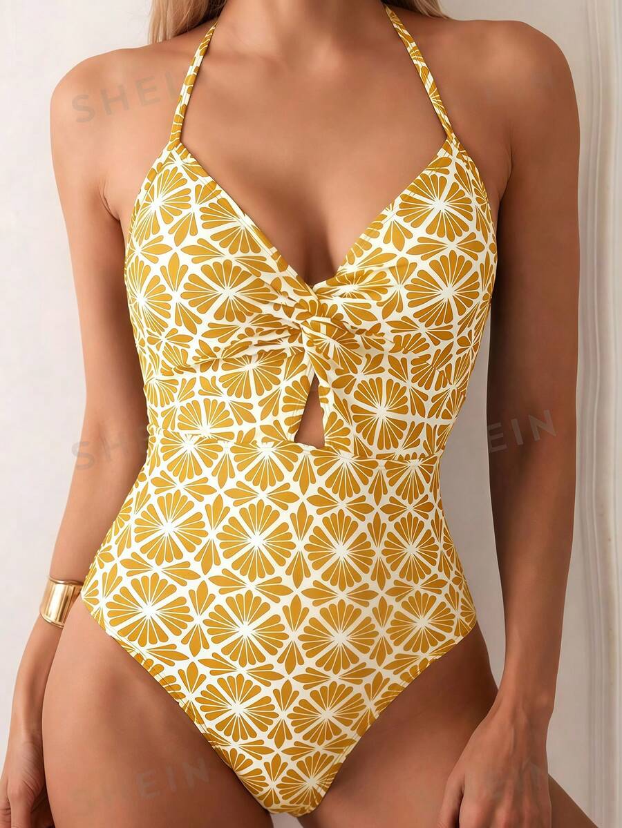 SHEIN Swim 女款度假全身印花扭轉設計性感掛脖式一件式泳衣 - 黃色 - 查看 1