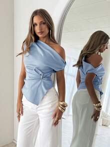 Siren Gaze Women's Solid Color Asymmetric Shoulder Pleated Casual Versatile Daily Wear Top - Baby Blue - View 3