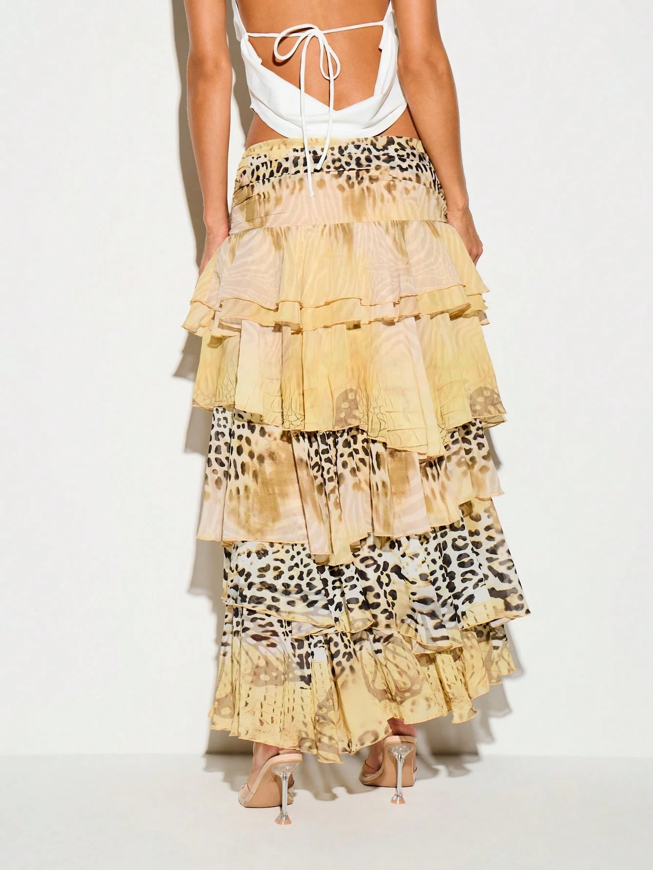 Animal Print High-Low Skirt With Tiered Ruffles
