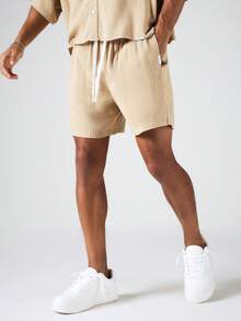 SUMWON Celana Pendek Bertali Serut Berbahan Linen dengan Pinggang Elastis Berkerut untuk Liburan Musim Panas dan Pakaian Kasual - Khaki - View 6