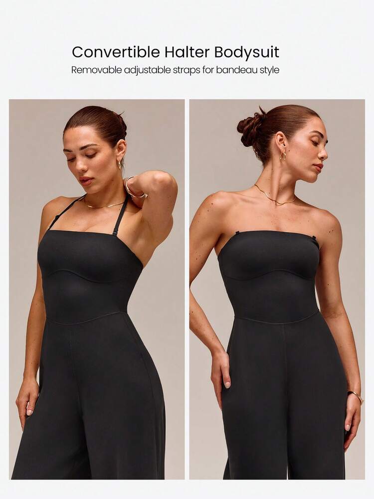31" Quick-Dry Glow Motion Wide Leg Halter Anti-Slip Jumpsuit With Detachable Adjustable Shoulder Straps Removable Cups Low Impact Daily Casual Wear