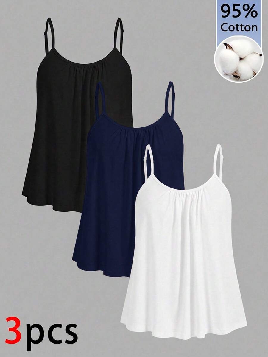 Tseoso 95% Cotton 3pcs/Set Women's Pleated Loose Camisole Tank Top With Adjustable Shoulder Straps, Suitable For Spring And Summer - Multicolor - View 1