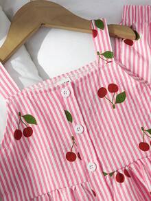 SHEIN Genkimix Kids 春/夏 2件組女童幼兒服裝套裝，粉色白色條紋櫻桃印花細肩帶上衣 + 寬腿長褲，方領夏季設計 - 粉色 - 查看 6