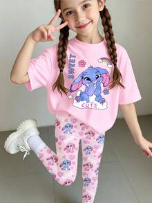 1 Set Spring Summer Autumn Young Girl Creative Personalized Cute Kawaii Blue Rabbit Pattern Casual Style Basic Short T-Shirt And Leggings Set Sets - Multicolor - View 3