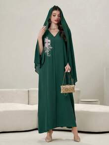 Yasmyna Colorblock Patchwork Luxurious 3D Embroidered Applique V-Neck Long Sleeve Turkish Tunic - Dark Green - View 6