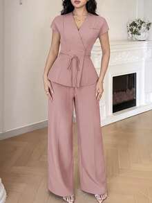 Nuevo conjunto elegante y casual de estilo coreano con mangas cortas y cintura ceñida, versátil para el trabajo y el uso diario - Rosa - Ver 2