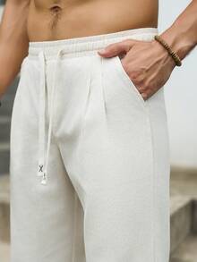 VENTUSAIL Men's Solid Color Drawstring Waist Pocket Casual Linen Long Pants - Beige - View 3