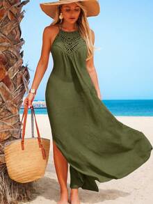 Swim Vcay Gaun Penutup Pantai Model Halter Neck untuk Liburan Wanita - Dark Green - View 3