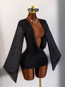 Swim Chiccia Summer Beach Cowl Neck Asymmetrical Long Sleeve Women's Cover-Up - Black - View 3