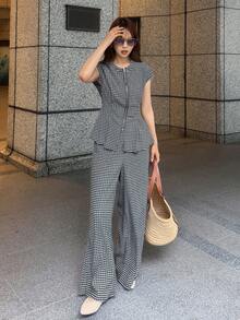 FRIFUL 女款夏季新款格紋金屬拉鍊腰部百褶收腰休閒百搭兩件套 - 黑色 - 查看 7
