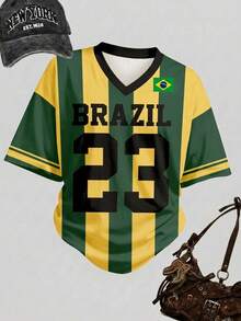 復古時尚綠色字母 BRAZIL、鮮豔陽光黃 23、金色星芒、黃金海岸、對比色領條紋運動風，青少年女孩簡約休閒 T 恤，返校季、Y2k、音樂節、Bm、美式復古甜美、休閒校園運動風、戶外野餐、出遊、街頭風、居家、校園 - 彩色 - 查看 1