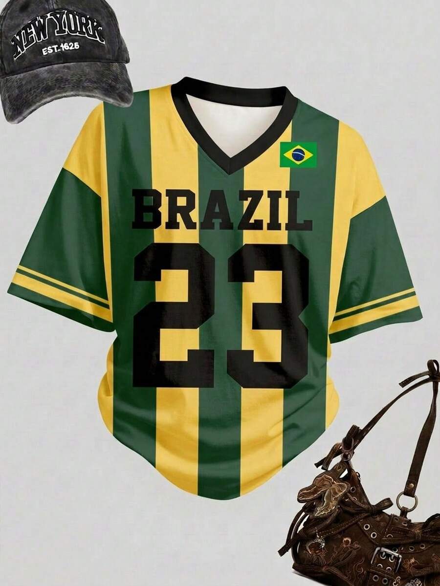 復古時尚綠色字母 BRAZIL、鮮豔陽光黃 23、金色星芒、黃金海岸、對比色領條紋運動風，青少年女孩簡約休閒 T 恤，返校季、Y2k、音樂節、Bm、美式復古甜美、休閒校園運動風、戶外野餐、出遊、街頭風、居家、校園 - 彩色 - 查看 1