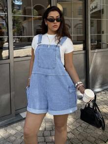 SHEIN CURVE+ Plus Size Women's Cargo Pocket Casual Denim Overalls Shorts - Light Wash - View 3