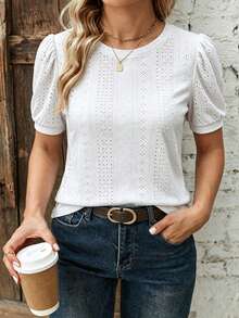 EMERY ROSE Plus Size Women's Vacation Hollow Embroidery Round Neck Short Puff Sleeve T-Shirt Office Evening White Summer Casual Elegant - White - View 5