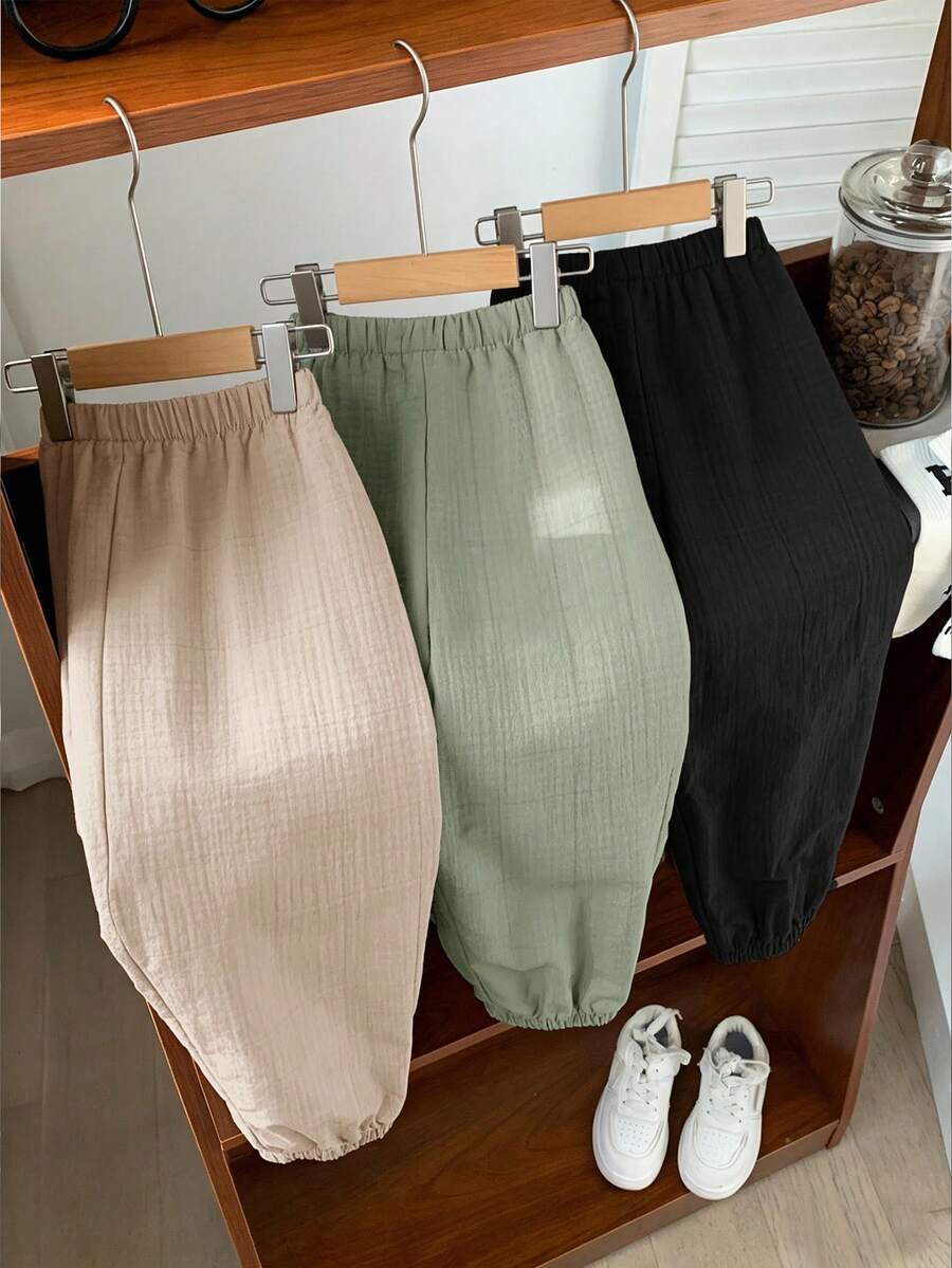 SHEIN LMoss Kids 3件/套可愛休閒百搭舒適親膚柔軟純色鬆緊腰長褲套裝,適合青少年男孩和女孩,適用於春、夏、秋季,日常穿著、外出、學校、派對和假期 - 彩色 - 查看 1