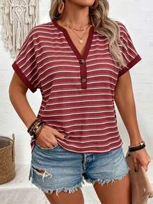 EMERY ROSE CURVE Plus Size Summer Casual Striped Notch Neck T-Shirt - Multicolor - View 4