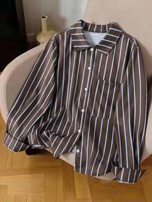 SHEIN Tween Girl Striped Lightweight Sun Protection Shirt, Spring & Summer,Holiday,Summer,Travel - Brown - View 9