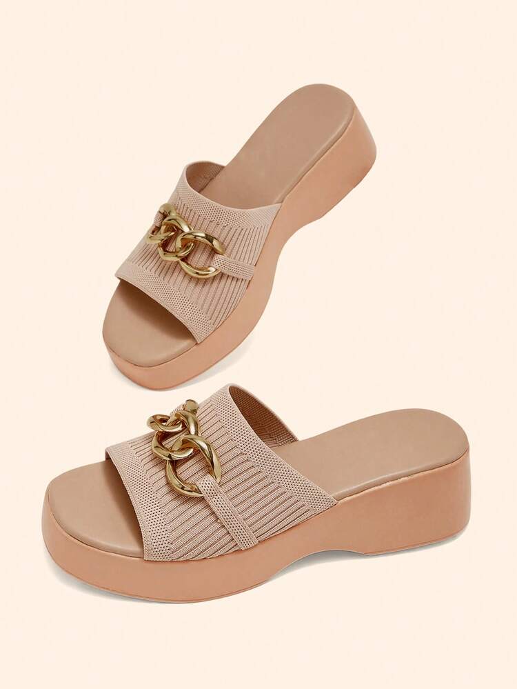 CUCCOO BASICS Women Shoes Round Toe Thick Sole Apricot Knitted Metal Chain Simple And Comfortable Breathable Women's Fashion Flat Bottom Thick Sole Sandals Slippers Daily Versatile Commuter Women's Slippers