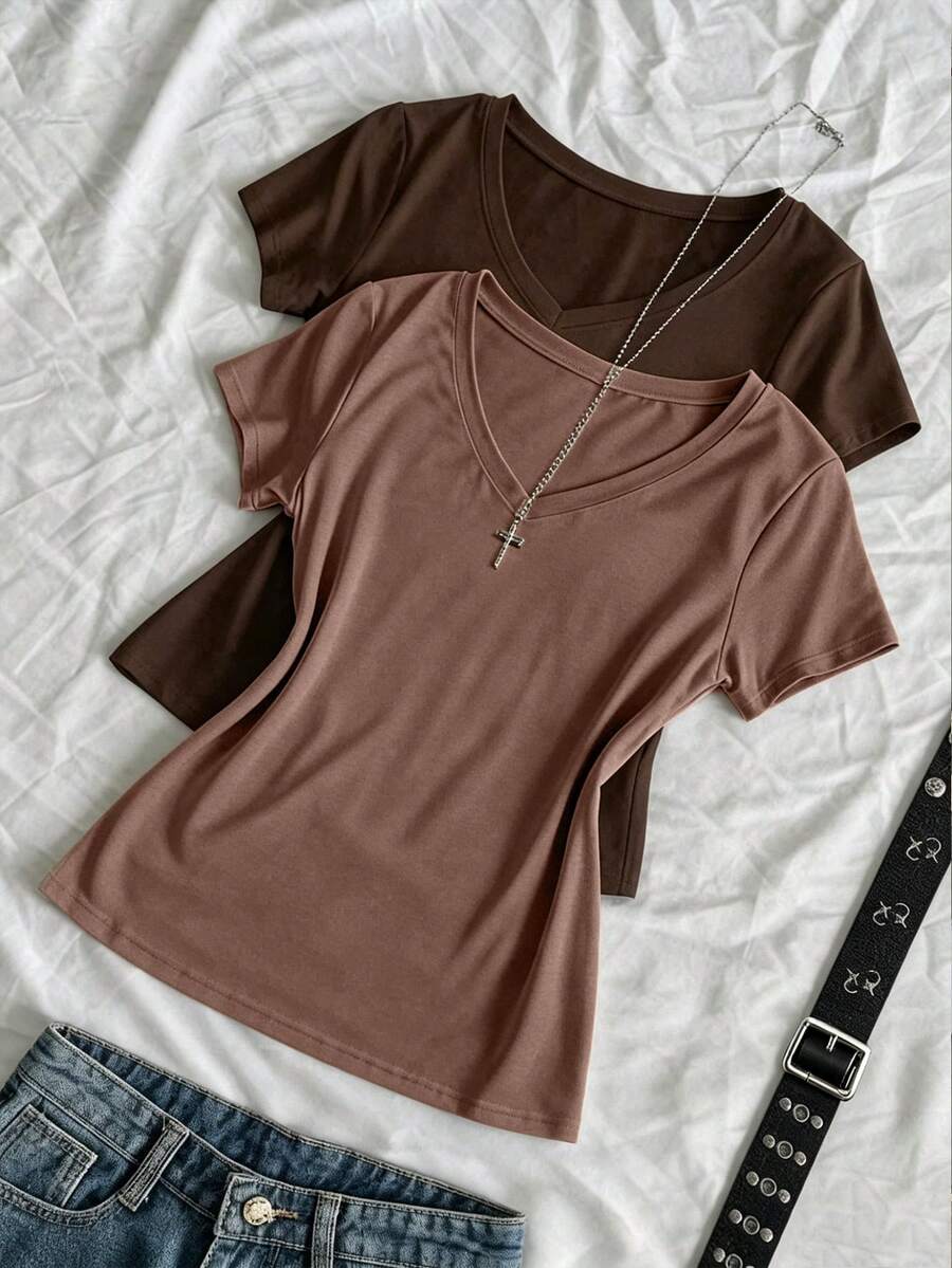 Franclia Kaos Ukuran Besar Leher V Lengan Pendek dengan Pinggang yang Dikencangkan - Coklat - View 1