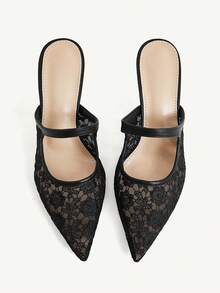 CUCCOO CHICEST Black Lace Pointed Mullers, Hollow Mesh Kitten And Slippers, Workplace Dating Party Slim High Heels - Black - View 8