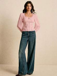 Poéselle 女款素色對比蕾絲長袖優雅襯衫 - 淺粉色 - 查看 7