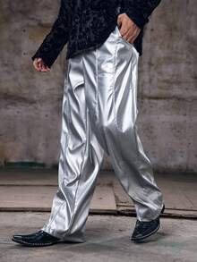 Skyrend Men's PU Leather Pocket Loose Fit Wide Leg Pants Silver Pants Flare Pants Metallic Pants Reflective Pants Rave Pantsemo Grunge - Silver - View 5