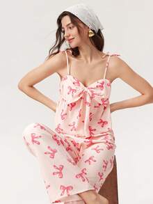Elorette Conjunto de Pijama Feminino com Alça Fina e Laço Romântico - Rosa chiclete - Visão 4