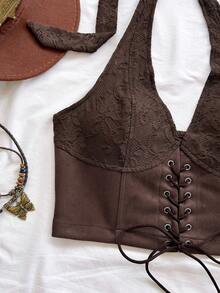 Soleia 女士蕾丝抽绳露背短款上衣 - 棕色 - 查看 4